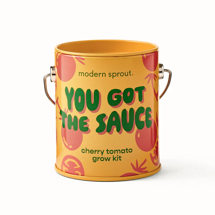 Cherry tomato grow kit in yellow paint can  with tomato illustrated and "you got the sauce" printed in greet letters
