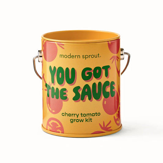 Cherry tomato grow kit in yellow paint can  with tomato illustrated and "you got the sauce" printed in greet letters