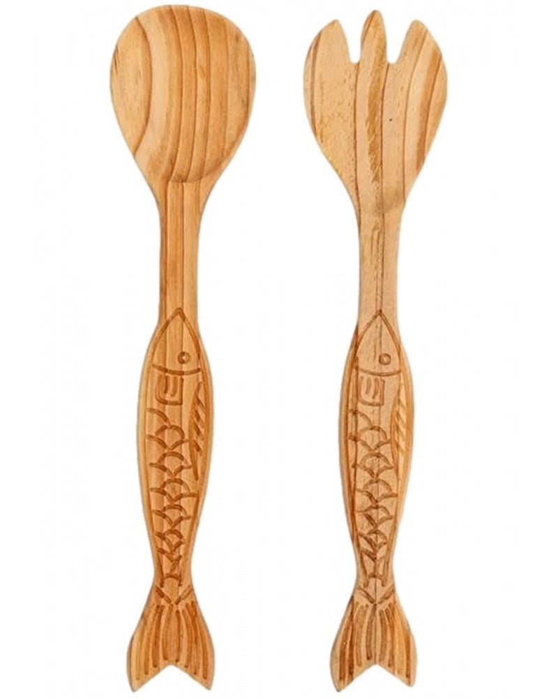 Fish shaped and carved wooden salad servers