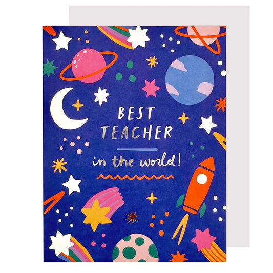 Greeting card with space-themed illustrations and 'Best Teacher in the World!' silver foiled text on a blue background.