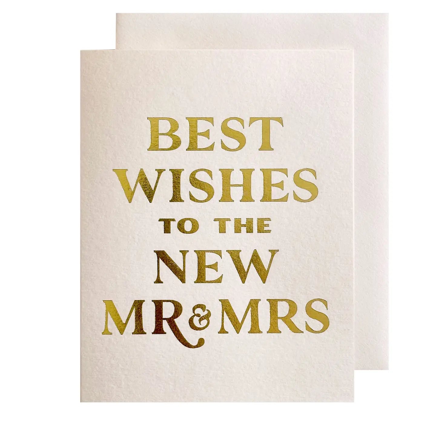 Greeting Card with 'Best Wishes to the New Mr & Mrs' text in gold on a beige background with matching envelope
