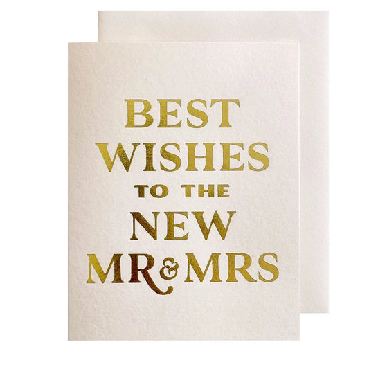 Greeting Card with 'Best Wishes to the New Mr & Mrs' text in gold on a beige background with matching envelope