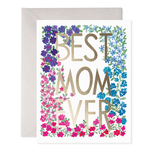 White mothers day card with gold writing and colorful flowers.