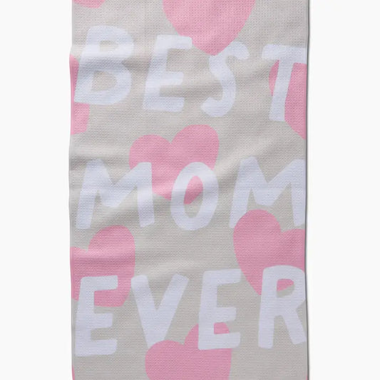 Beige background with large pink hearts.  in block letters 'Best Mom Ever'