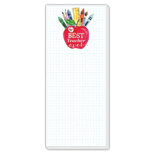 Long Notepad with red apple in the top middle that has "best Teacher ever" written on it, and pencils and crayons in it.