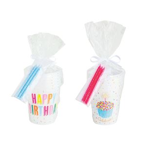 set of 6 white frosted party cups with "happy Birthday" in colorful lettering in a clear cello bag tied with three birthday candles and ribbon