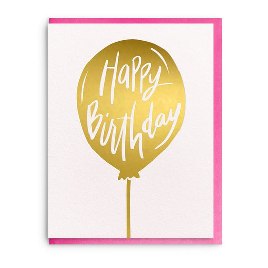 white card with gold Balloon that says happy birthday in cursive.