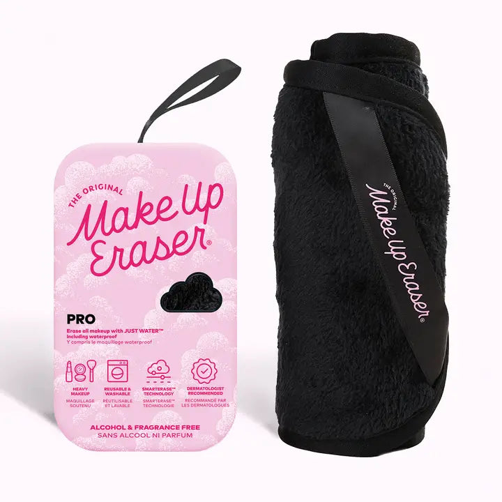 Black "Makeup Eraser" soft face washing cloth with packaging on a white background