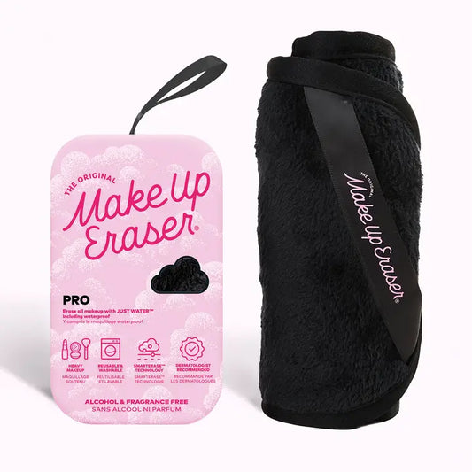 Black "Makeup Eraser" soft face washing cloth with packaging on a white background