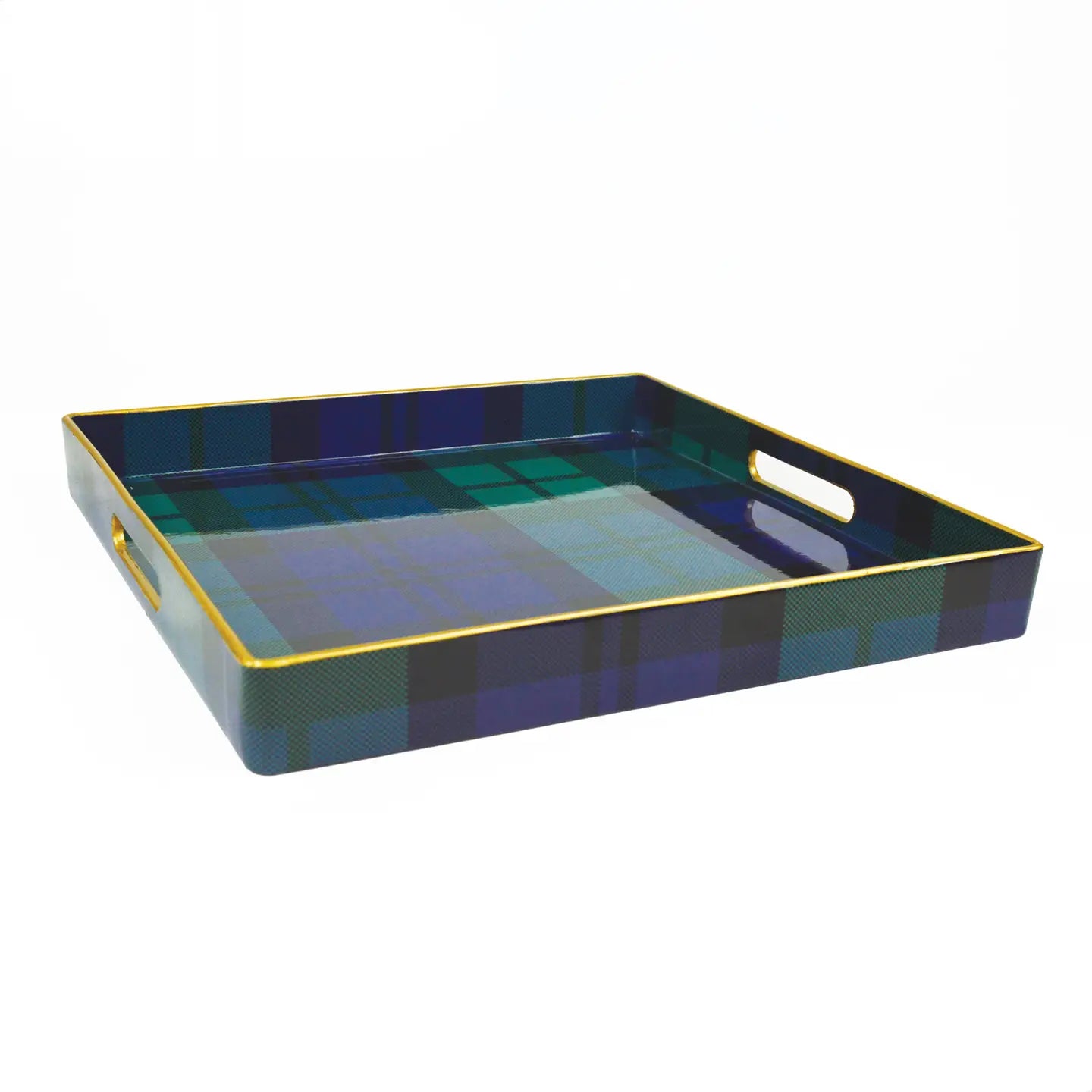 Plaid blue and green patterned tray with handles on a white background