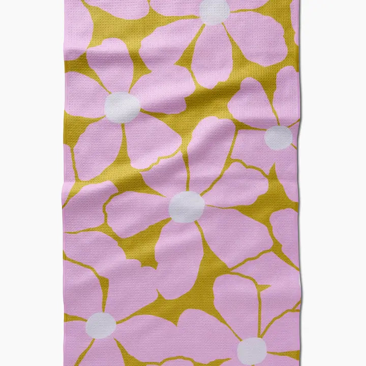 Green background with large pink flowers 