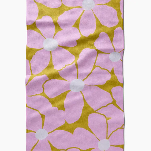 Green background with large pink flowers 