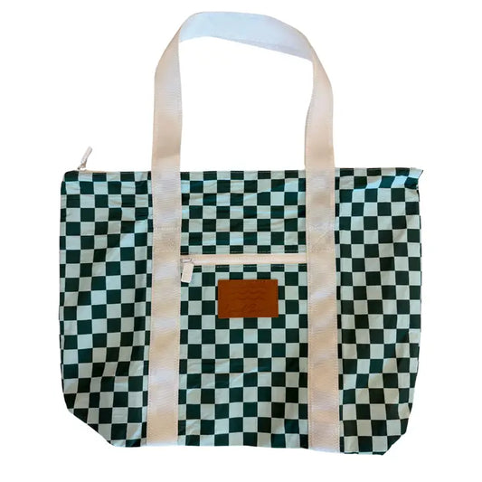 Green Blue Checker Water Resistant Shoulder Tote