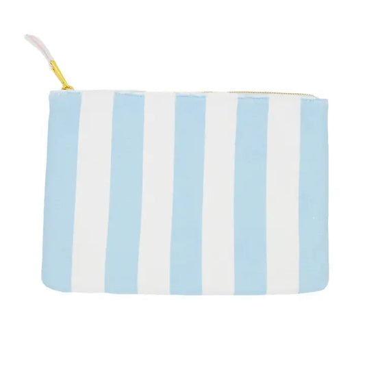 Striped pouch with blue and white horizontal stripes 