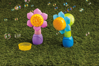 Flower shaped bubble makers in pink or blue with yellow center