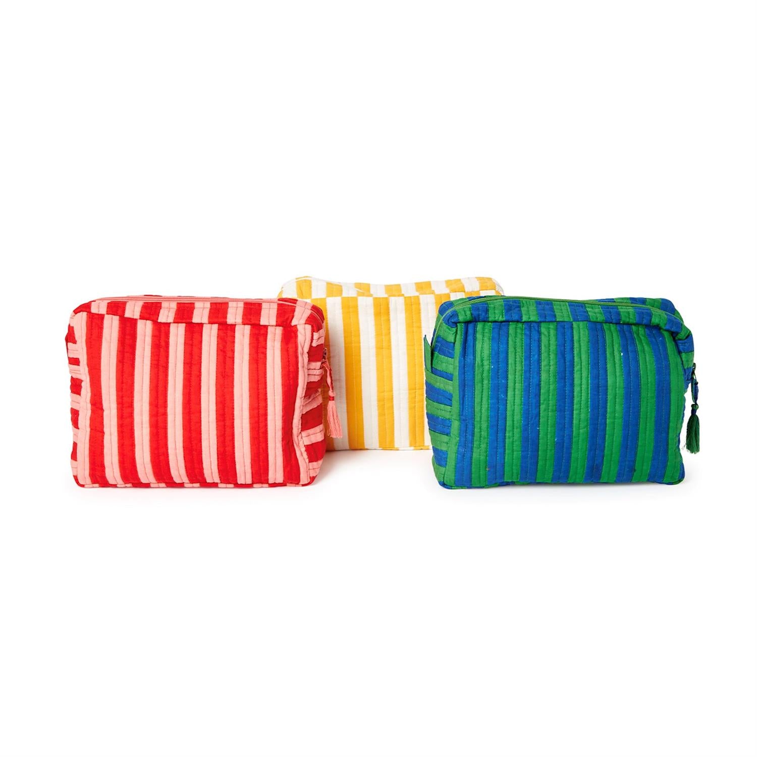 Three striped pouches in red/pink, yellow/white, and green/blue on a white background