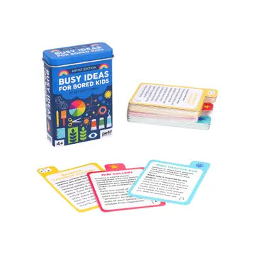Box of 'Busy Ideas for Bored Kids' cards with colorful cards featuring everyday objects and speedy sketches to triptychs and shape-scapes, this pack includes 50 fun ideas to inspire play