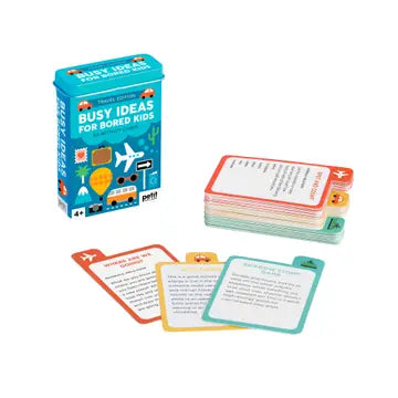 This card pack in a handy tin includes 50 fun ideas to keep boredom at bay as kids are traveling. Choose cards with the plane icon for plane travel ideas, the car icon for road trip ideas, and the shoe icon for walking ideas.