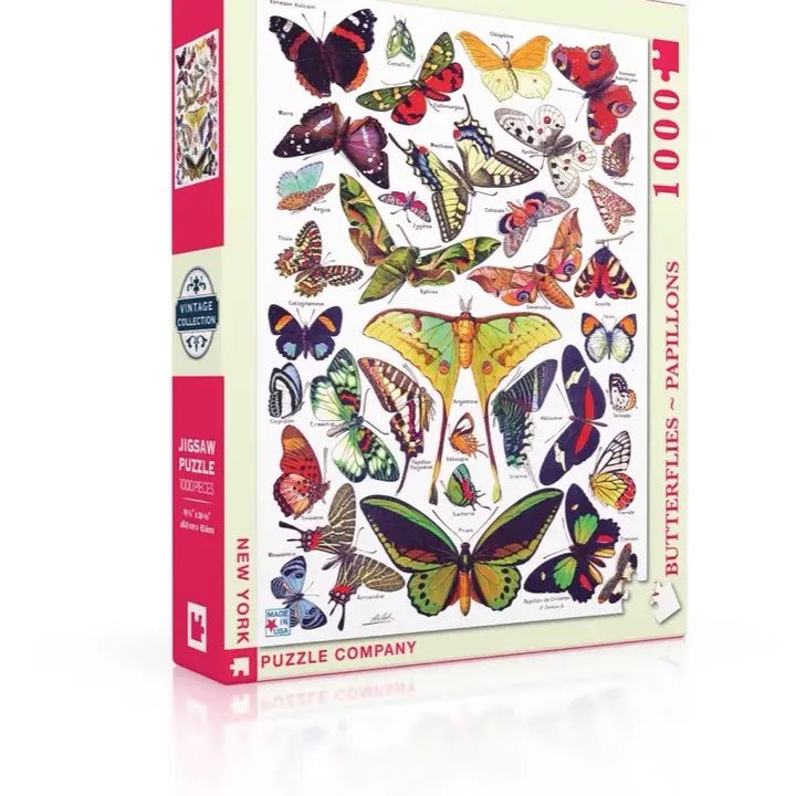 Jigsaw puzzle box with colorful butterfly illustrations on a white background