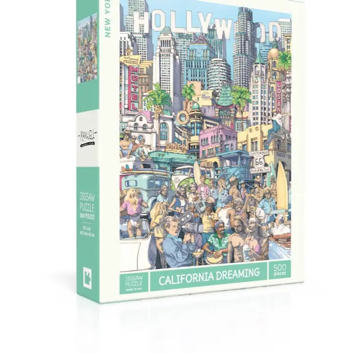 Puzzle box featuring a colorful illustration of a city scene with people, titled 'California Dreaming'.