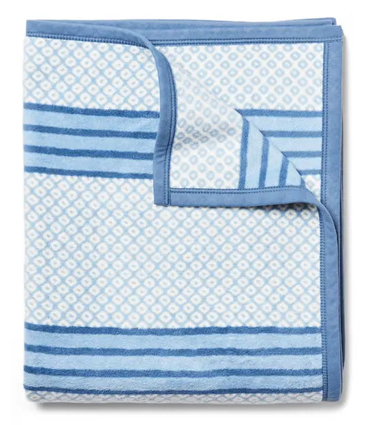 Blanket with light blue and ivory pattern of stripes and diamonds