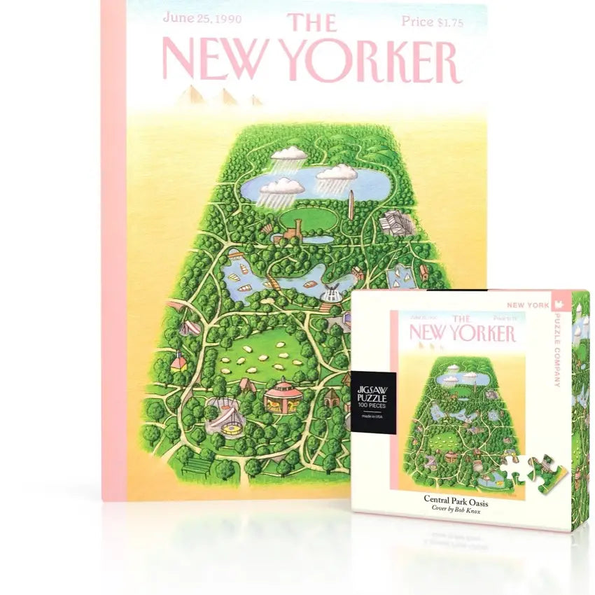 New Yorker magazine cover with a Central Park illustration and a matching puzzle box.