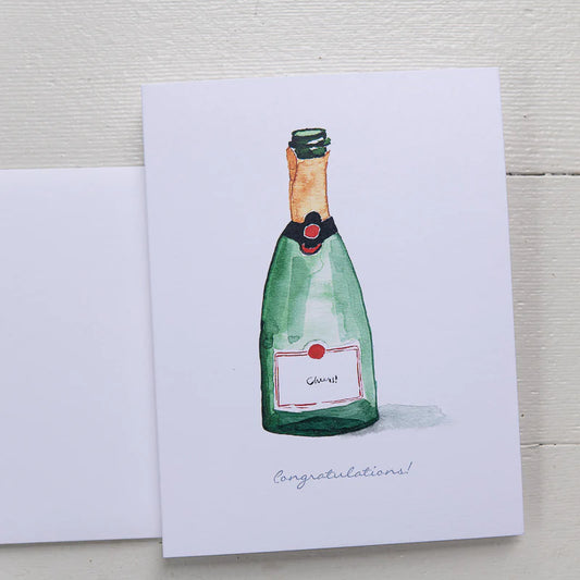 Single notecard with a champagne bottle that reads cheers on the label.  Card reads congratulations