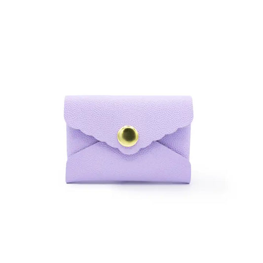 mini leather envelope style wallet in lavender with brass snap closure
