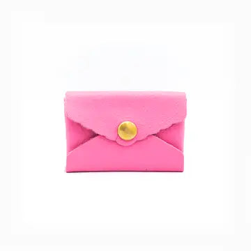 mini leather envelope style wallet in pink with brass snap closure