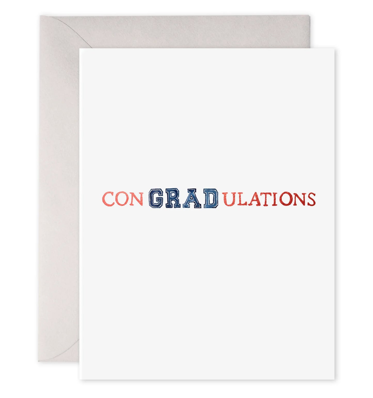 White graduation card with red and blue lettering.
