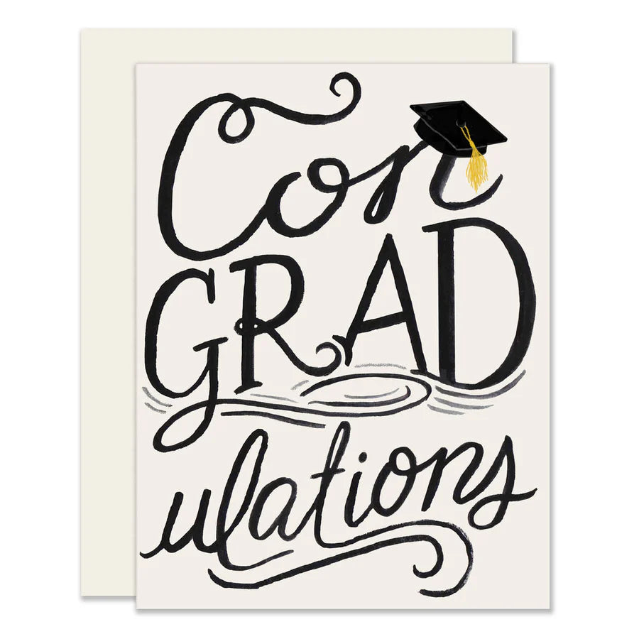 Graduation card with 'ConGRADulations' in black text and a graduation cap on a white background