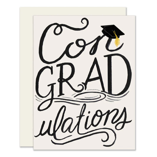 Graduation card with 'ConGRADulations' in black text and a graduation cap on a white background