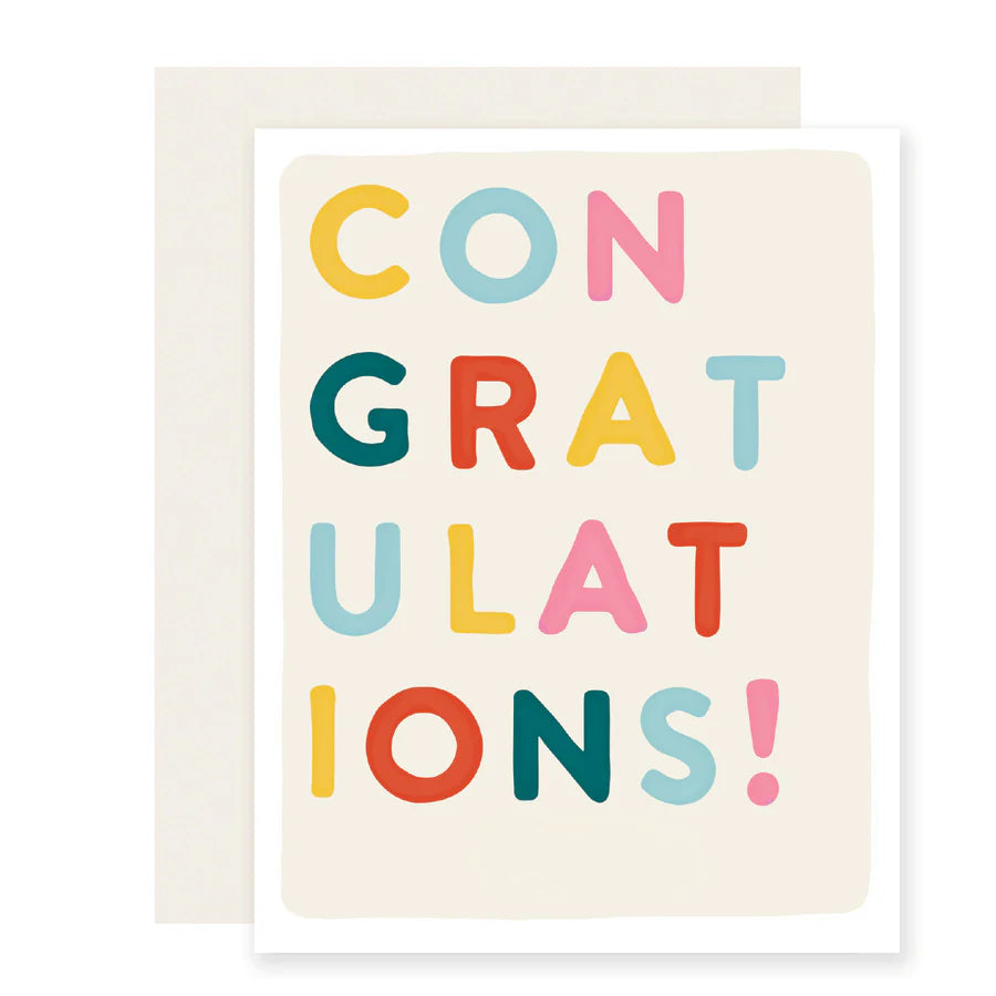 Greeting card with 'Congratulations!' in multi colored text on white background