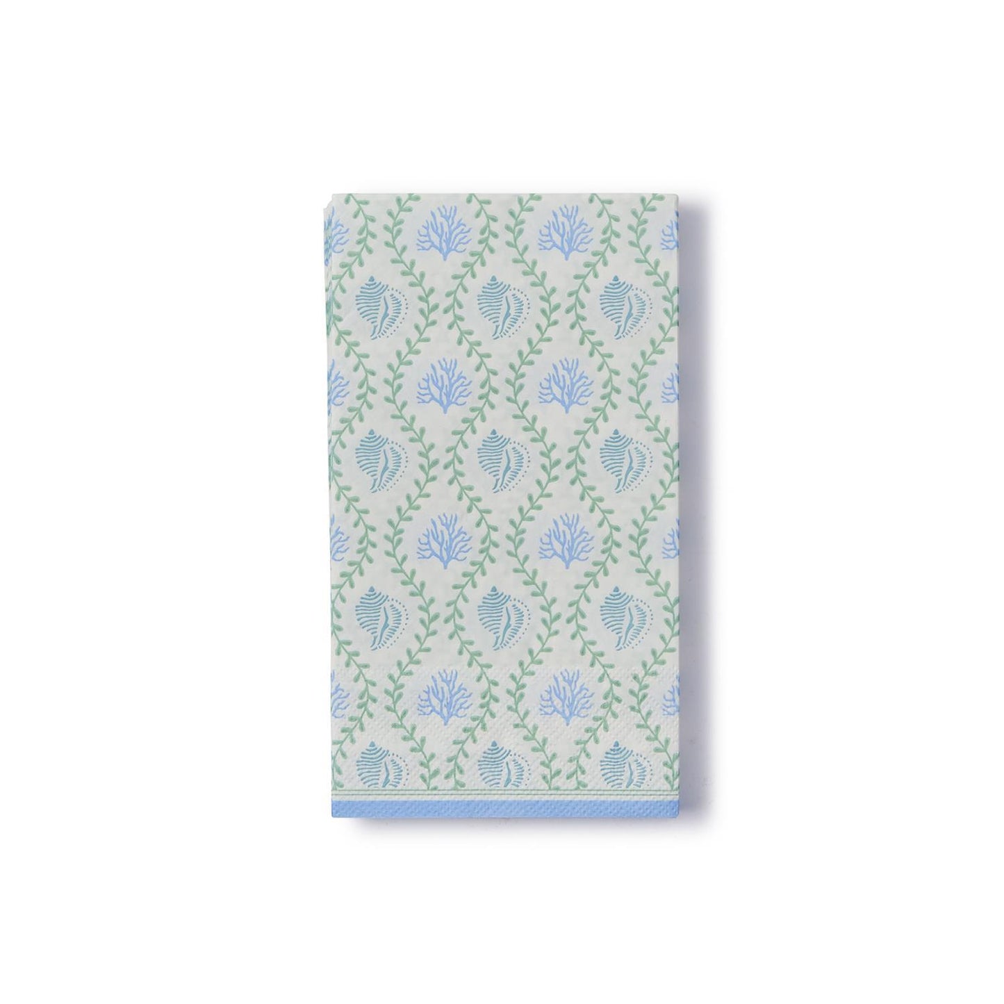 White dinner Napkin with blue seashells and green leaves