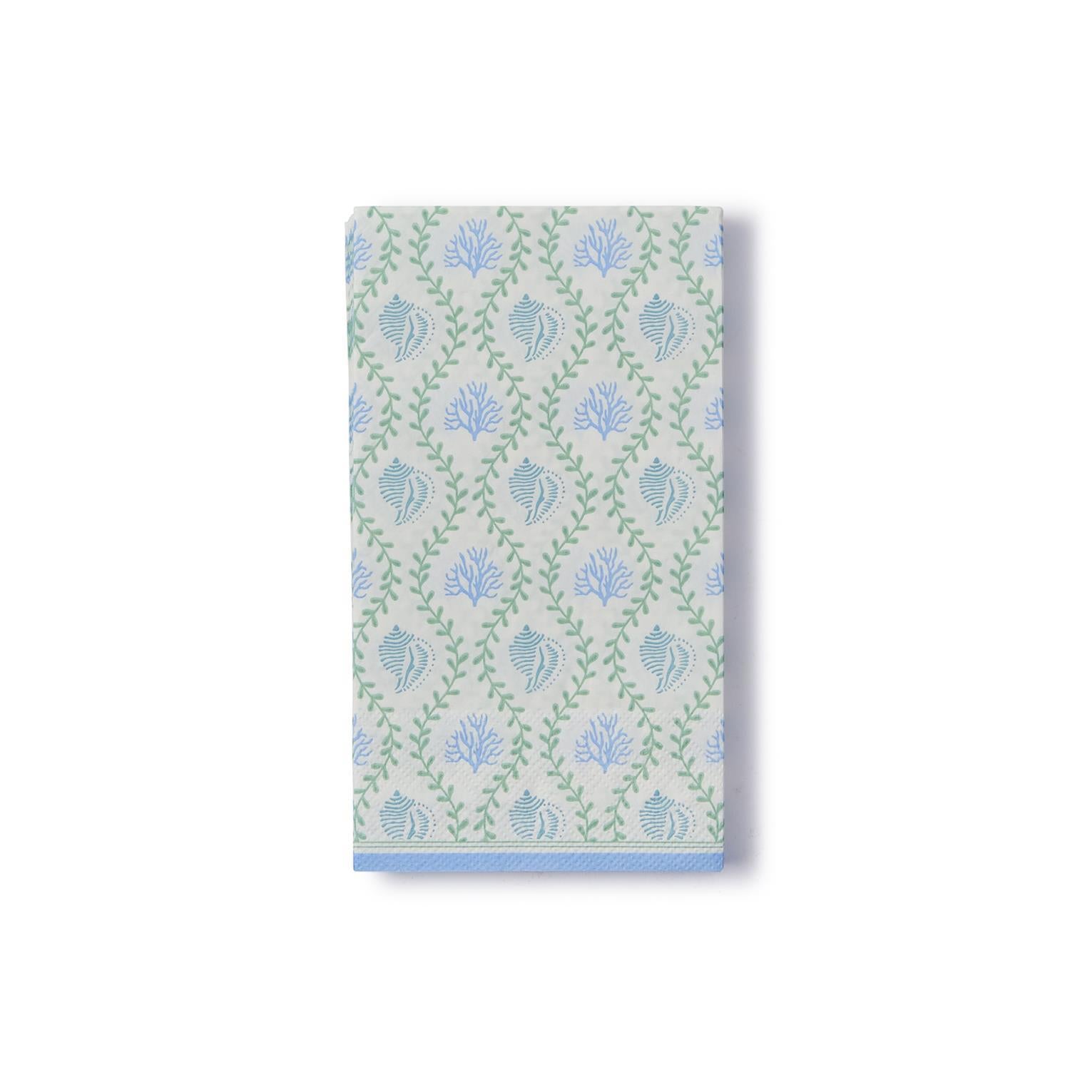White dinner Napkin with blue seashells and green leaves