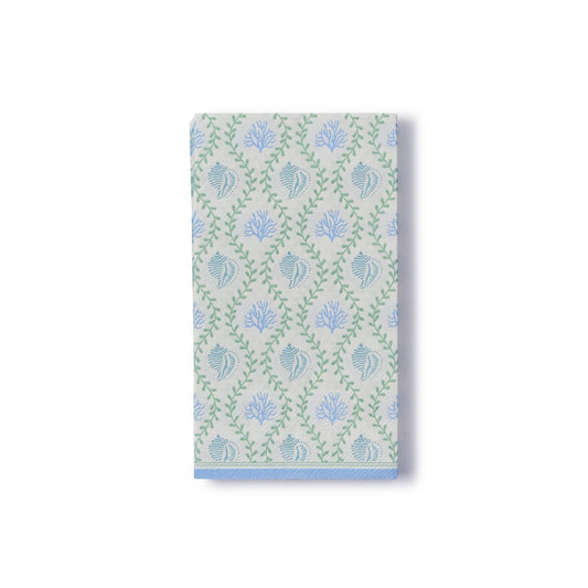 White dinner Napkin with blue seashells and green leaves