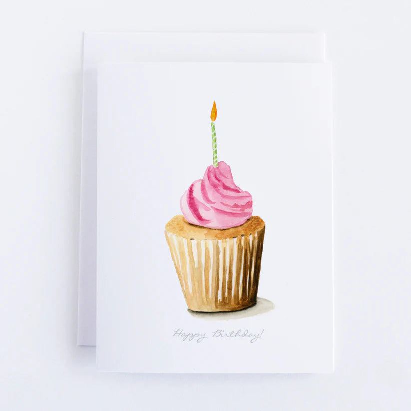 White Single Card with a pink cupcake (and candle) in center of card