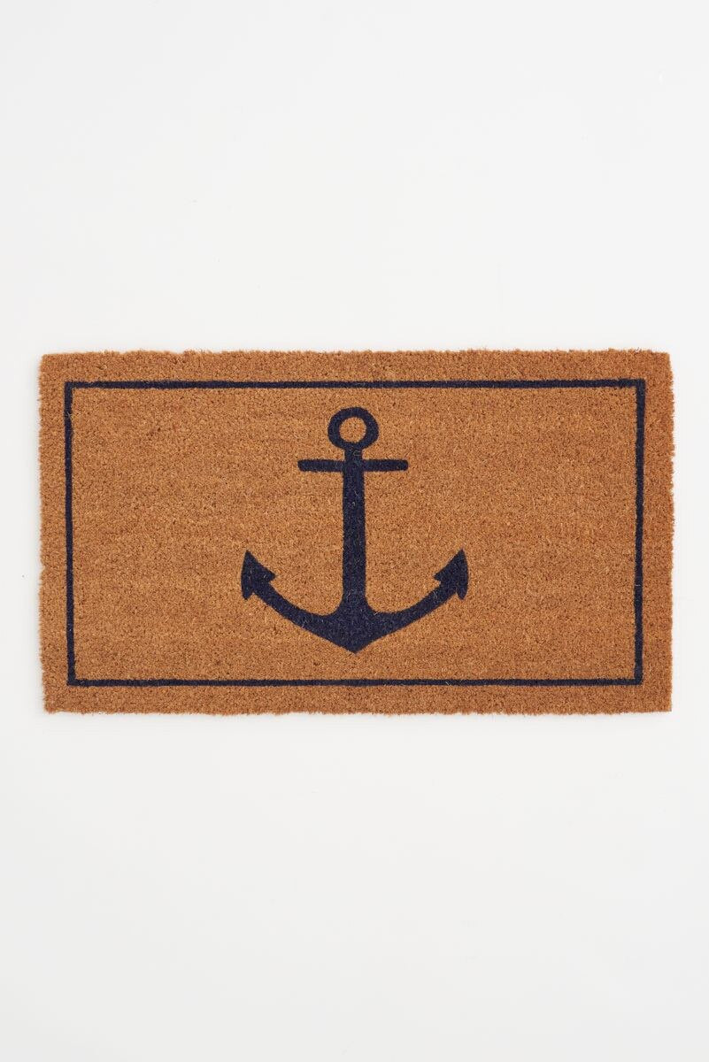 Natural coir doormat with navy blue anchor design