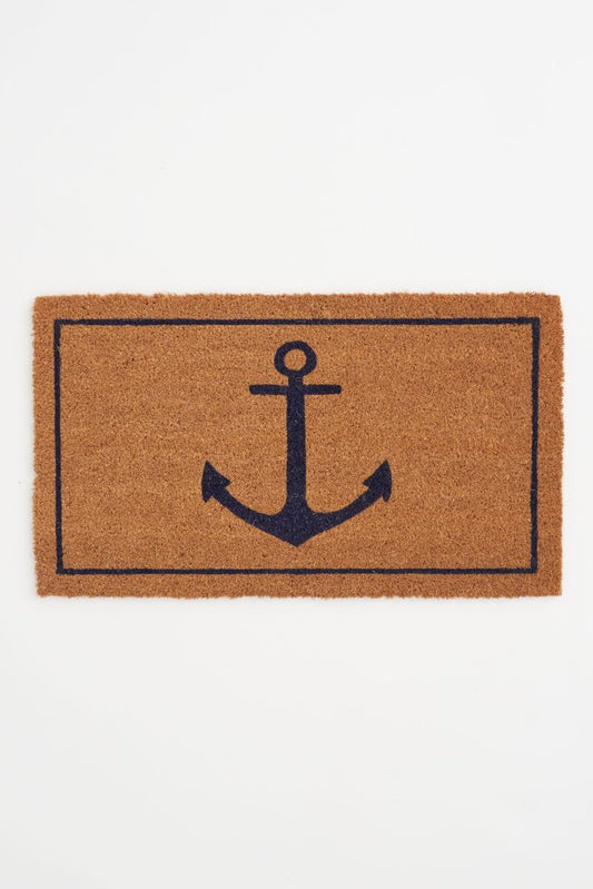 Natural coir doormat with navy blue anchor design