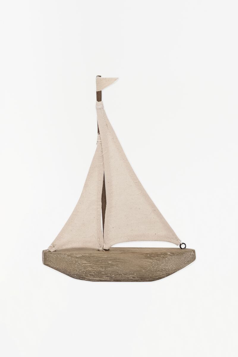 Driftwood sailboat with canvas sails in beige 