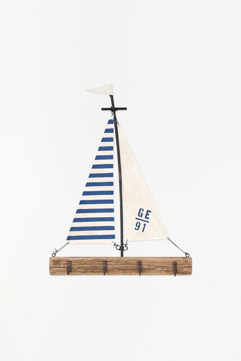 Navy and white vertical striped canvas sailing mast attched to rustic wooden base with 4 metal hooks