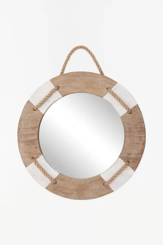 round mirror surrounded by wooden life buoy shaped frame with thick white stripes and natural sailors line (rope) woven through it 