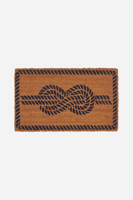 Natural coir doormat with a navy blue nautical rope design