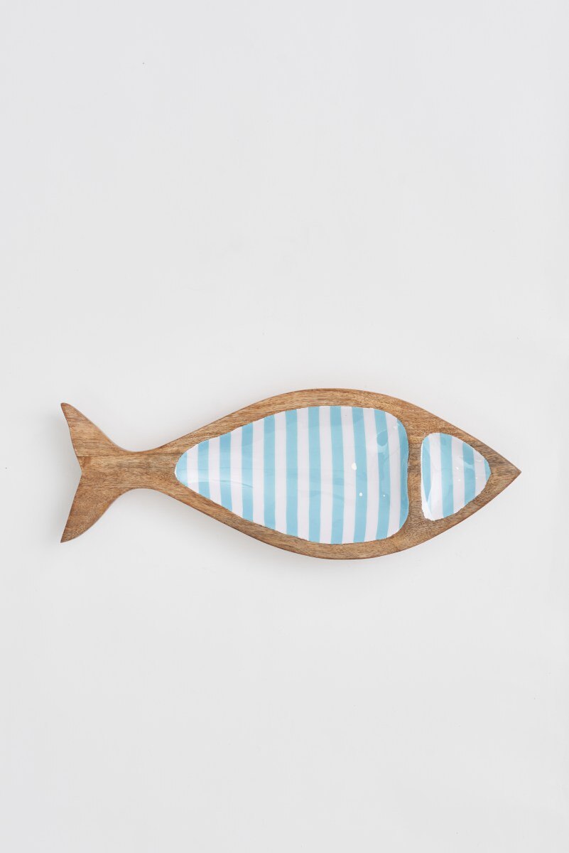 Decorative, two-section, wooden and enamel  fish-shaped serving tray with turquoise and white stripes