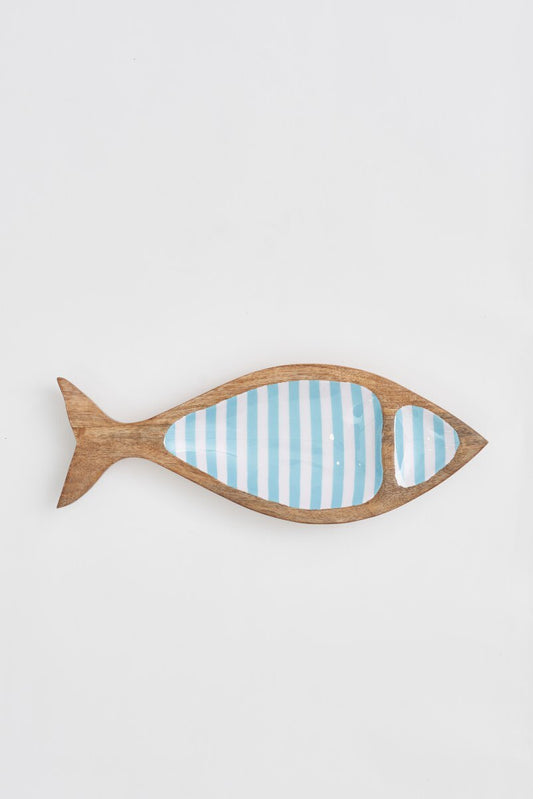 Decorative, two-section, wooden and enamel  fish-shaped serving tray with turquoise and white stripes