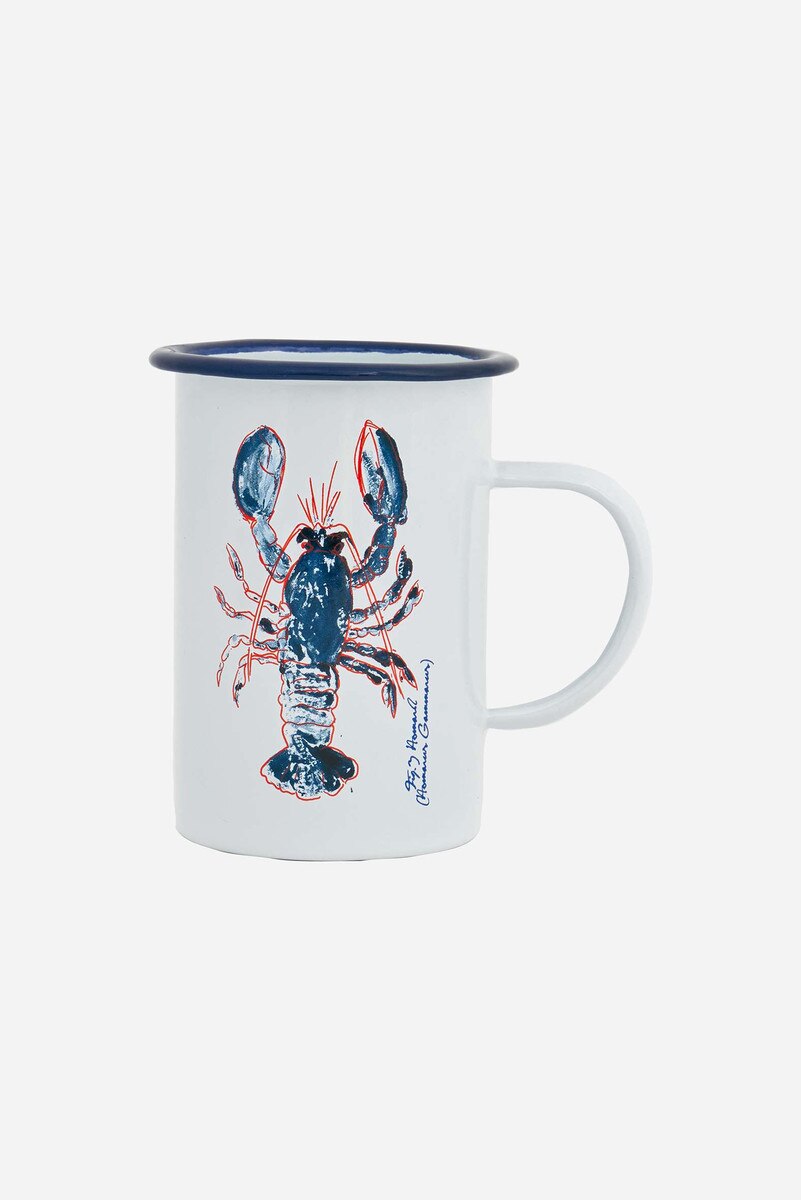 Enamel mug with a blue and red lobster design on a white background