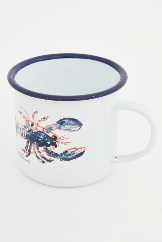 White enamel metal mug with a blue lobster design and Navy blue rim