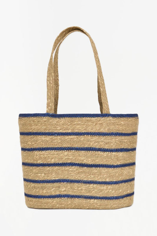 Natural Moonji grass Tote bag with thin Navy blue horizontal stripes