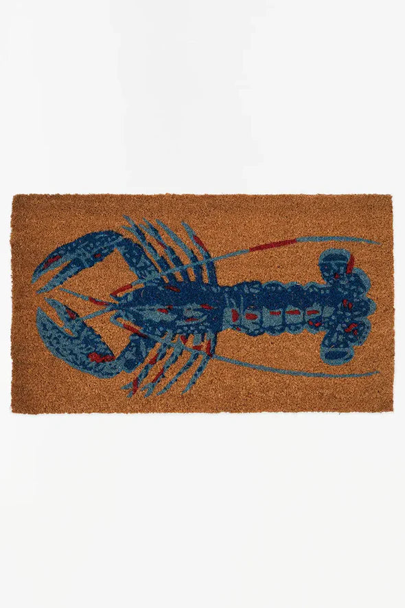 Natural coir doormat with blue and red lobster design