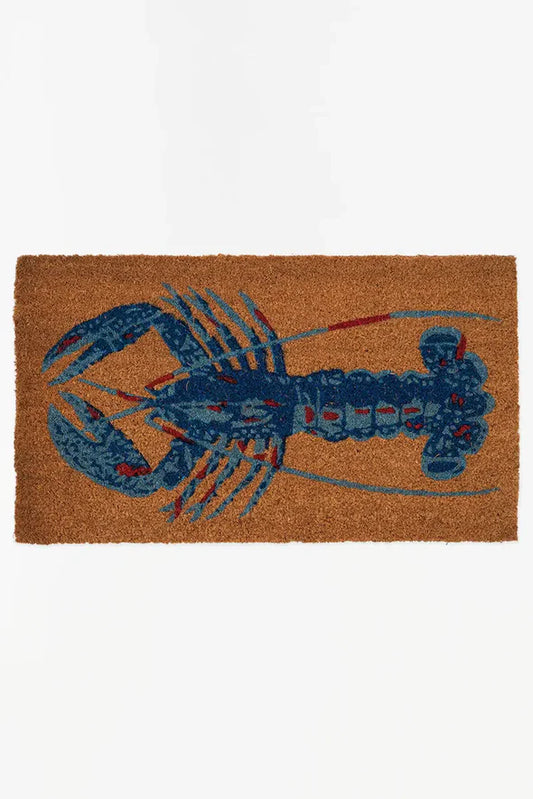 Natural coir doormat with blue and red lobster design